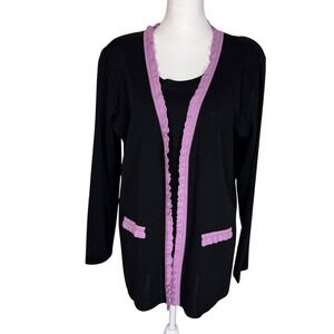 Exclusively Misook Black Knit Twin Set Cardigan Tank Purple Ruffle Trim Large